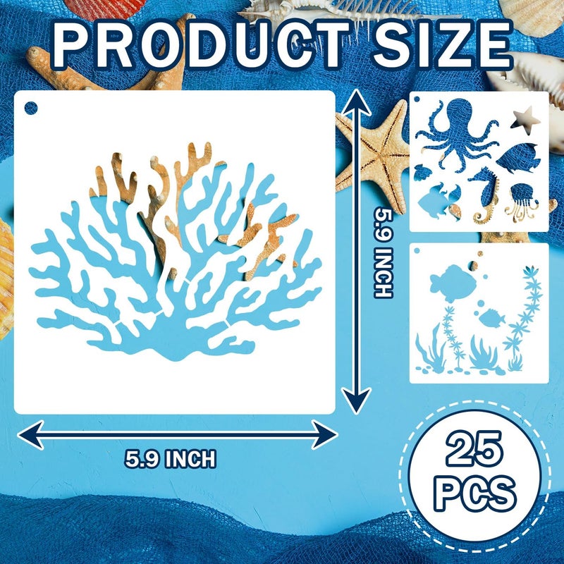Resflyar 25 PCS Sea Ocean Creatures Stencils Ocean Templates for Painting Sea Animal DIY Pattern Templates Mermaid Stencils for Wall Floor Wood Scrapbooking Drawing Tracing Crafts Projects 5.9 x 5.9 Inch - Image 2